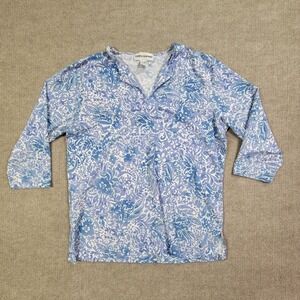 Cathy Daniels Top Womens Medium Blue Floral V‎ Neck 3/4 Sleeve Pullover Casual